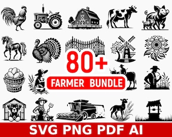 80+ Farmer Vector Design SVG PDF PNG Logo Clipart Bundle | Tractor svg | Farm Silhouettes