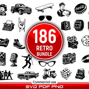 May include: A black and white retro bundle graphic with 186 illustrations. Includes a vintage truck, skateboard, sunglasses, a Coca-Cola bottle cap, a cassette player, a TV, a record player, a camera, and a telephone.