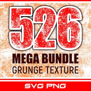Pode incluir: Um gráfico de textura grunge vermelho com o número 526 em uma fonte grande de contorno branco. O texto "MEGA BUNDLE GRUNGE TEXTURE" está em fonte preta abaixo do número. O texto "SVG PNG" está em fonte branca sobre um fundo vermelho na parte inferior do gráfico.