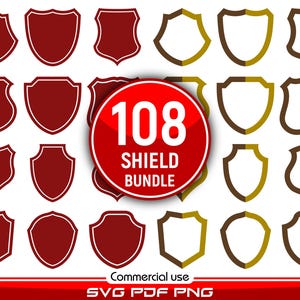 Op de afbeelding: Een verzameling van 108 schildontwerpen in verschillende vormen en stijlen. De schilden zijn in tinten rood, bruin en goud, met witte contouren. Een rode cirkel met witte tekst luidt "108 SHIELD BUNDLE". De afbeelding bevat de tekst "Commercial use SVG PDF PNG".