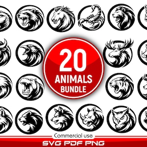 May include: A bundle of 20 animal illustrations. Each animal is presented in a black and white circular design. The animals include a crocodile, bear, horse, scorpion, lion, wolf, bison, raven, eagle, hippo, fox, bear, wolf, rhino, owl, and raccoon.