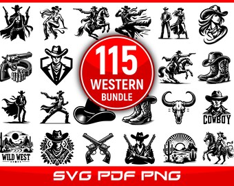 115 Wild West Bundle SVG with Cowboy, Cowgirl, Boots, Hats for Designers and Crafters