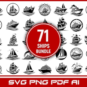 Może przedstawiać: Czarno-biała ilustracja przedstawiająca 71 różnych wzorów statków. Statki znajdują się w okręgu z tekstem "71 Ships Bundle" w środku. Tekst "SVG PNG PDF AI" znajduje się na dole obrazu.