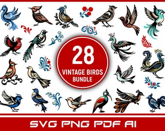 Vintage Birds and Flowers Clipart Bundle: 28 Art Graphics (SVG, PNG, PDF)
