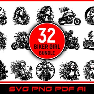 タトゥー、T シャツ、衣類、バッグ用の 32 個のバイカー ガール アート ベクター デザイン SVG PNG PDF クリップアート バンドル