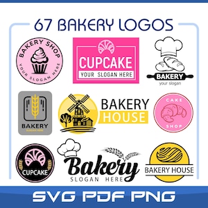 Op de afbeelding: Een verzameling van 67 bakkerijlogo's in verschillende ontwerpen. Logo's bevatten cupcakes, croissants, tarwe en bakkerijgerelateerde afbeeldingen. De logo's zijn in verschillende kleuren, waaronder roze, zwart, geel en grijs. De tekst "SVG PDF PNG" is ook opgenomen.