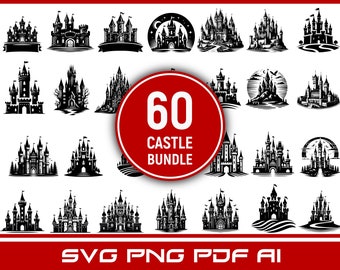 Puede incluir: Un conjunto de 60 ilustraciones de castillos en blanco y negro. Las ilustraciones son de varios estilos, incluyendo tradicional, caprichoso y moderno. El conjunto incluye castillos con torres, puentes levadizos y banderas. El texto "60 Castle Bundle" está en un círculo rojo.