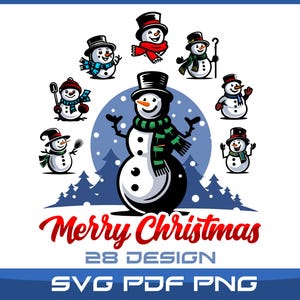 May include: A festive Christmas design featuring a large snowman surrounded by smaller snowmen, all wearing hats and scarves. The words "Merry Christmas" are displayed in red script, with "28 DESIGN" and "SVG PDF PNG" below.