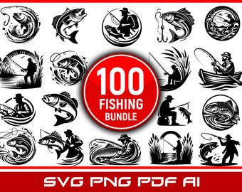 Paquete de 100 logotipos de pesca personalizados PNG PDF / Diseños SVG de peces enganchados Pescador
