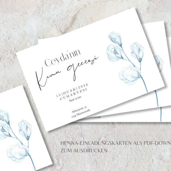 Henna invitation cards to print out I Kina gecesi davetiyesi I personalized minimalist invitation cards as PDF I A7 with flowers