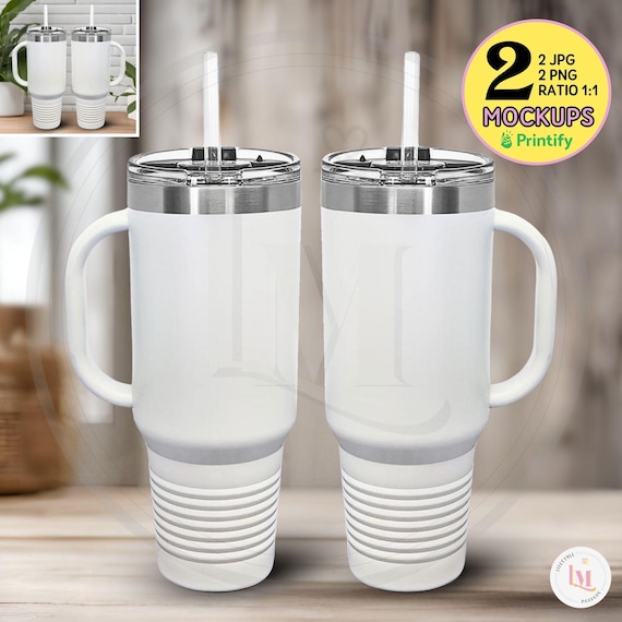 Two 40oz POLAR CAMEL Travel Mug Mockup, White Printify 40 oz Insulated Tumbler Mockup, Real Product Mock, Multi Tumbler Mock,Travel Mug Set