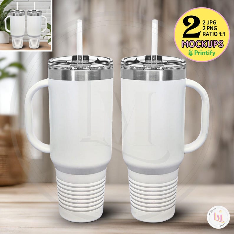Two white 40 oz Polar Camel Travel Mugs mockups. Aesthetic and minimalistic lifestyle mockups for instant download. Etsy, Amazon, eBay, Shopify. From LifestyleMockupsByM Mockups Shop on Etsy.