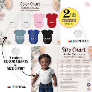 Pode incluir: Uma tabela de tamanhos para bodies de bebê em sete cores, incluindo branco, cinza, rosa, vermelho, índigo vintage, azul royal e preto. A tabela mostra a largura, o comprimento e o comprimento da manga em polegadas e centímetros para os tamanhos de recém-nascido a 24 meses. A imagem também inclui uma foto de um bebê usando um body branco.
