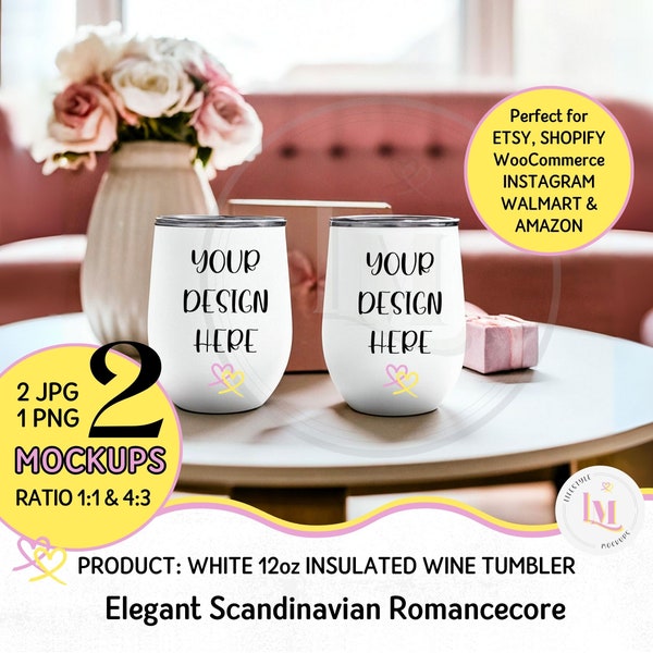 ROMANCECORE WINE TUMBLER Mockup, Valentine Wine Tumbler Mockup, 12oz White Tumbler Lifestyle Image, Elegant Romancecore Scandinavian Style