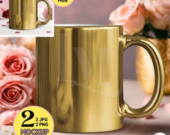 GOLD MUG Mockup Bundle, Romantic Gold Mug, Valentine Gift Mug, Metallic Gold Coffee Mug 11oz, Elegant Mockup, Mug Lifestyle Product Photo