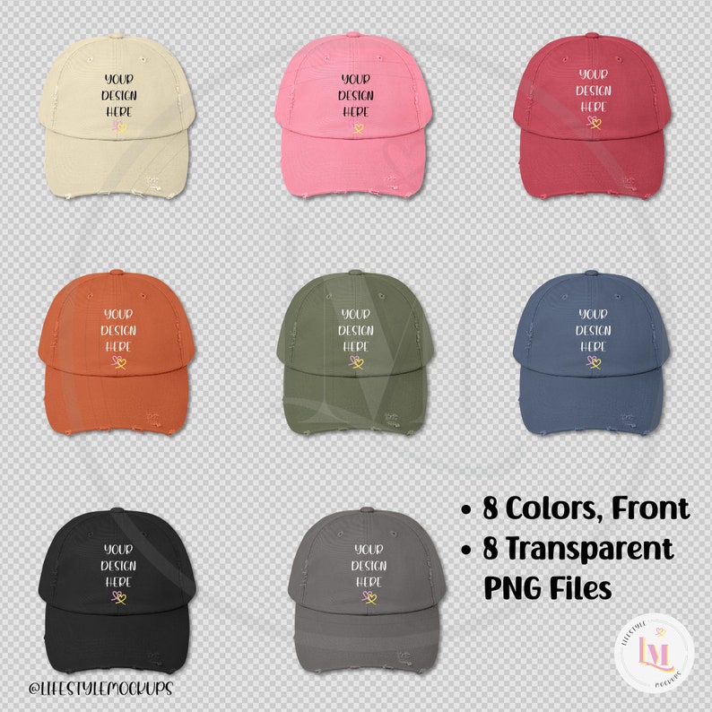 Transparent png product images, front of District DT600 Unisex Distressed Cap. 8 colors. Instant digital download for Etsy listings, Amazon Product Listings, Walmart Product Listings, Shopify, WebDesign, Social Media. From LifestyleMockupsByM Etsy.
