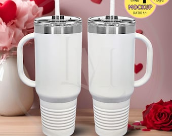 Two 40oz POLAR CAMEL Travel Mug Mockup. Valentine Mockup, His and Hers Mockup, Two White 40 oz Insulated Travel Mug w handle Mock up,Mug set