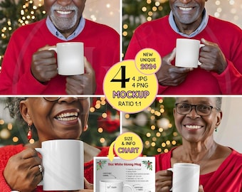 AFRICAN AMERICAN Christmas 11oz MUG Mockup, Senior Woman holding White Mug Mockup, Christmas Mockup, Aged Black Man holding Mug Digital Mock