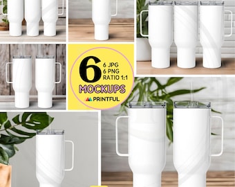 40oz TRAVEL MUG with Handle Mockup Bundle Two 40oz Travel Mug Photos, 3 Travelmugs All Sides, Kitchen Setting,White Generic Brand Travel Mug