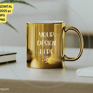 Ratio 4:3 Metallic Mug Mockup Bundle. Gold Mug on a desk in a modern office. 11oz golden mug, styled stock photo. JPG files for instant digital download. Product Image for Etsy, Shopify, Amazon, Instagram, Walmart, WooCommerce.Lifestyle Mockups By M.