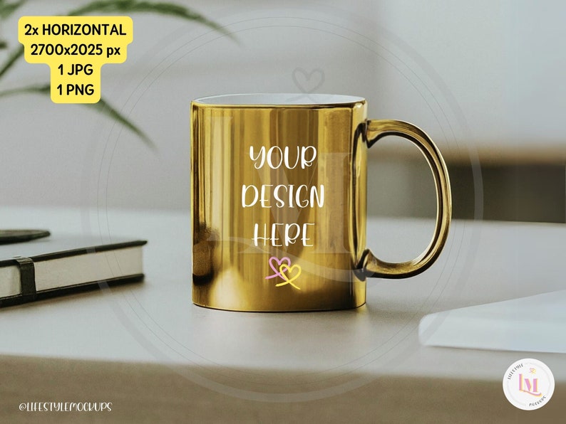 Ratio 4:3 Metallic Mug Mockup Bundle. Gold Mug on a desk in a modern office. 11oz golden mug, styled stock photo. JPG files for instant digital download. Product Image for Etsy, Shopify, Amazon, Instagram, Walmart, WooCommerce.Lifestyle Mockups By M.