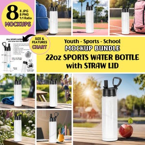 May include: A mockup bundle of eight images featuring a 22-ounce sports water bottle with a straw lid. The bottle is white and has a black lid and straw. The images show the bottle in various settings, including a tennis court, a park, and a school setting.