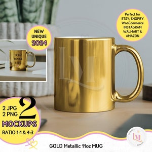 Metallic Mug Mockup. Gold Mug on a desk in a modern office. 11oz golden mug, styled stock photo. Jpg files, png files for instant digital download. Product Images for Etsy, Shopify, Amazon, Instagram, Walmart and WooCommerce. Lifestyle Mockups By M.