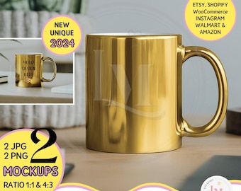 METALLIC GOLD MUG Mockup Bundle, Metallic Mug, Gold Coffee Mug 11oz, Modern Office Lifestyle Product Photo Flat Lay,Png Jpg Digital Download