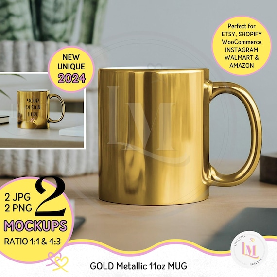 METALLIC GOLD MUG Mockup Bundle, Metallic Mug, Gold Coffee Mug 11oz, Modern Office Lifestyle Product Photo Flat Lay,Png Jpg Digital Download