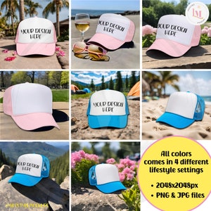 Lifestyle Mockup bundle with Light Pink/White OTTO Foam Trucker Hat 39-165, and (neon) Blue/White OTTO Foam Trucker Hat 39-165. Digital download for Etsy listing, Amazon lifestyle photo, Walmart listing, Shopify, social Media. Lifestyle Mockups By M.