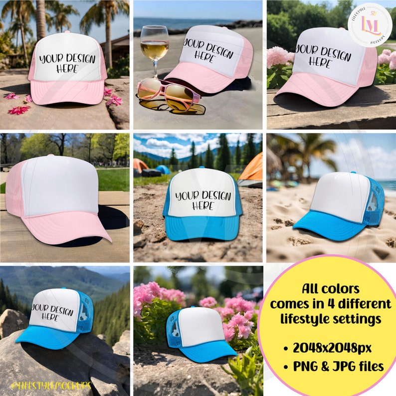 Lifestyle Mockup bundle with Light Pink/White OTTO Foam Trucker Hat 39-165, and (neon) Blue/White OTTO Foam Trucker Hat 39-165. Digital download for Etsy listing, Amazon lifestyle photo, Walmart listing, Shopify, social Media. Lifestyle Mockups By M.