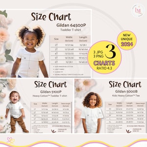 Paquete de tablas de tallas de Gildan: Gildan 5100P (camiseta para niño), Gildan 5000B (tallas para niños), Gildan 64500P (camiseta), descarga digital