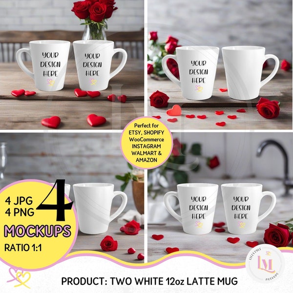 2 WHITE LATTE MUGS Mockup Bundle, Romancecore Latte Mug Mockup, Printify Latte Mug Mockup,Digital Download,His Hers Latte Mug Mock,Red Roses