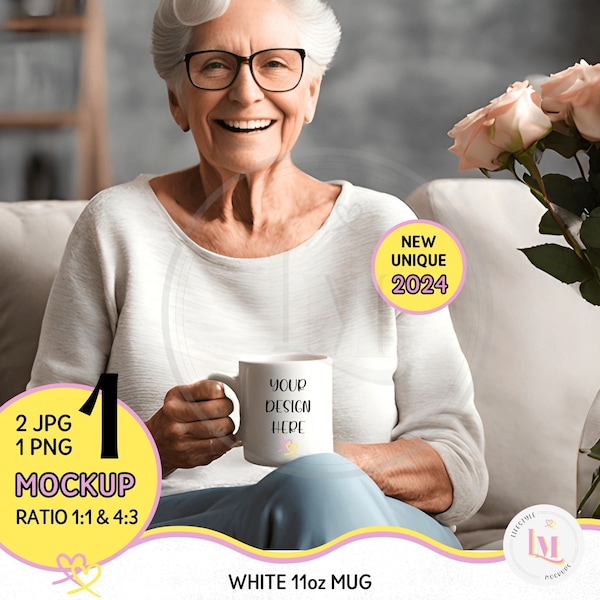 11oz WHITE MUG Mockup, Personalised Grandma Mug Mockup, Senior Woman Lifestyle Mockup, White Mug Digital Download Product Photo,Senior Model