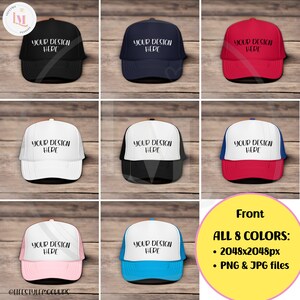 Flat lay original product photos of Printful OTTO Foam Trucker Hat 39-165 All colors: Black, Navy, Red, White, Black/White, Red/Royal Blue/White, Light Pink/White and (neon) Blue/White OTTO Trucker Caps. Instant digital download png and jpg.