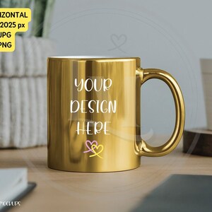 Ratio 4:3 Metallic Mug Mockup Bundle. Gold Mug on a desk in a modern office. 11oz golden mug, styled stock photo. PNG files for instant digital download. Product Image for Etsy, Shopify, Amazon, Instagram, Walmart, WooCommerce.Lifestyle Mockups By M.