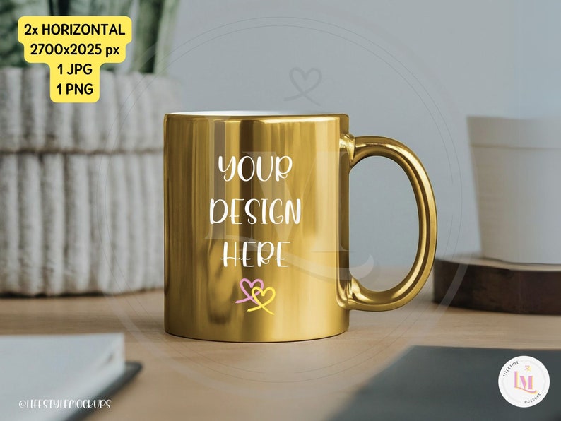 Ratio 4:3 Metallic Mug Mockup Bundle. Gold Mug on a desk in a modern office. 11oz golden mug, styled stock photo. PNG files for instant digital download. Product Image for Etsy, Shopify, Amazon, Instagram, Walmart, WooCommerce.Lifestyle Mockups By M.