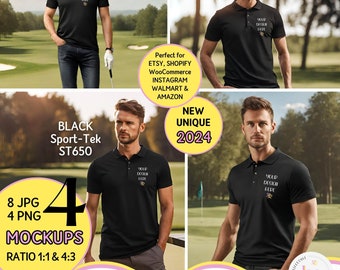 Lot de maquettes de T-SHIRT DE GOLF NOIR, maquette de polo de sport pour homme, maquette Sport-Tek ST650, images style de vie de parcours de golf, maquette de joueur de golf