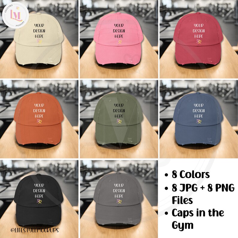 District DT600 Unisex Distressed Cap Lifestyle Mockups Bundle. Product photos of the baseball hat in a gym. 8 colors. Instant digital download for Etsy listings, Amazon Product Listings, Walmart Product Listings, Shopify, WebDesign, Social Media.