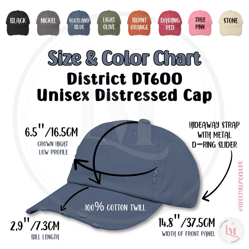 Graphic Size and Color Chart Mockup for DT600 DISTRESSED CAP. 8 colors. 1:1 Ratio Instant digital download for Etsy listings, Amazon Product Listings, Walmart Product Listings, Shopify, WebDesign and Social Media. From Lifestyle MockupsBy M on Etsy.