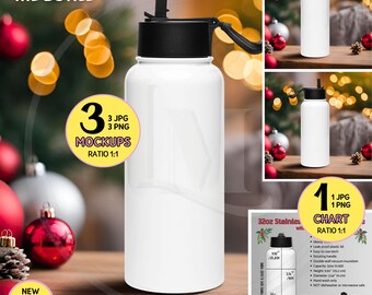32oz WATER BOTTLE MOCKUP Christmas Mockup,Printful 32oz Stainless Steel Water Bottle Straw Lid Mockup,All sides 32 oz Insulated Water Bottle