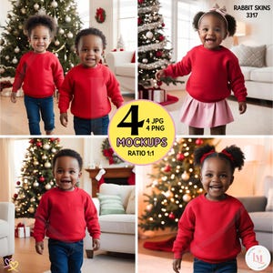 May include: Four mockups of children's red sweatshirts. The children are wearing the sweatshirts with blue jeans and a pink skirt. The background includes Christmas trees and a fireplace. The mockups are labeled "4 JPG 4 PNG MOCKUPS RATIO 1:1".