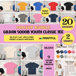 Könnte beinhalten: Ein Mockup-Paket mit 20 Gildan 5000B Jugend-Classic-T-Shirts in verschiedenen Farben. Die Shirts liegen flach auf einer Holzoberfläche mit einem Paar Sneakers, einem Rucksack und Kopfhörern. Das Bild enthält zwei Diagramme: eine Farbkarte und eine Größentabelle. Der Text "PRINTFUL" ist im Bild sichtbar.