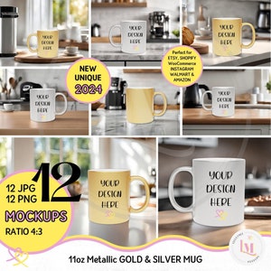 May include: Twelve mockup images of a 11oz metallic gold and silver mug. The mug is shown in various kitchen settings. The text "YOUR DESIGN HERE" is on the mug in each image. The text "NEW UNIQUE 2024" is on a yellow background in the center of the image.