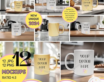 METALLIC GOLD Mug Mockup Bundle, Printify SILVER Mug Mockup, 11oz Gold Coffee Mug, Modern Kitchen Lifestyle Mockup, Digital Download