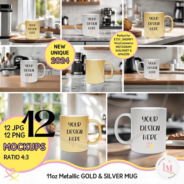 METALLIC GOLD Mug Mockup Bundle, Printify SILVER Mug Mockup, 11oz Gold Coffee Mug, Modern Kitchen Lifestyle Mockup, Digital Download