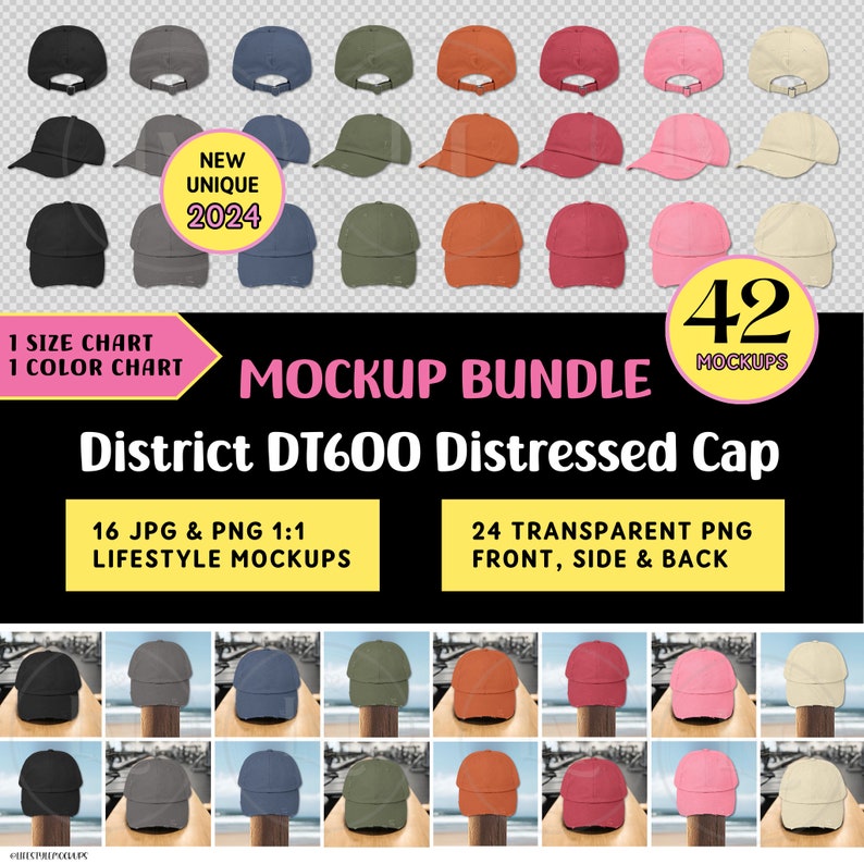 Printify POD District DT600 Distressed Cap Mockup Bundle and transparent png hat product photos for Etsy listings, Amazon lifestyle Photos, Walmart, e-commerce, Social Media and web Design. 42 mockups, Size Color Chart for instant digital download.