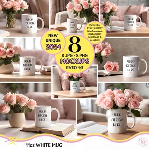 以下が含まれることがあります： 白い11オンスのマグカップのモックアップ画像が8つあります。マグカップには「Your Design Here」という文字が側面に書かれています。マグカップは、ピンクのバラと本のあるさまざまな設定で表示されています。画像には、「New Unique 2024」と「8 JPG + 8 PNG Mockups Ratio 4:3」というテキストも含まれています。