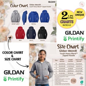 GILDAN 18600B Maattabel Gildan Youth-sweatshirt met rits en capuchon Kleurenkaart, kenmerken Printify 18600B Gildan-capuchon met volledige ritssluiting Productinformatie