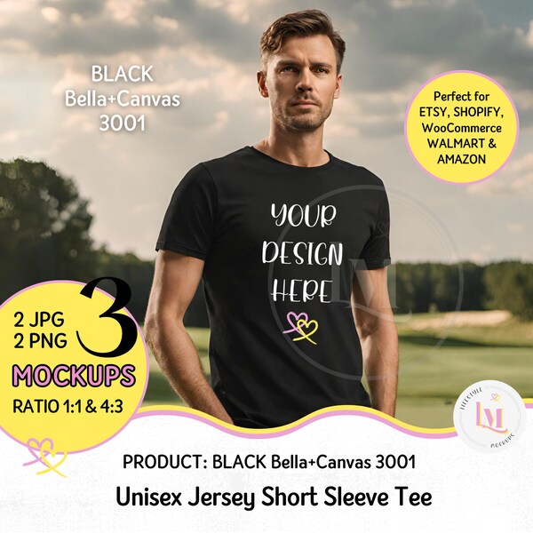 BLACK GOLF SHIRT Mockup Bundle, Black Bella Canvas 3001 T-shirt Mockup, Golf Outdoor Lifestyle Image, Men's Shirt Golf Mockup, Golf course